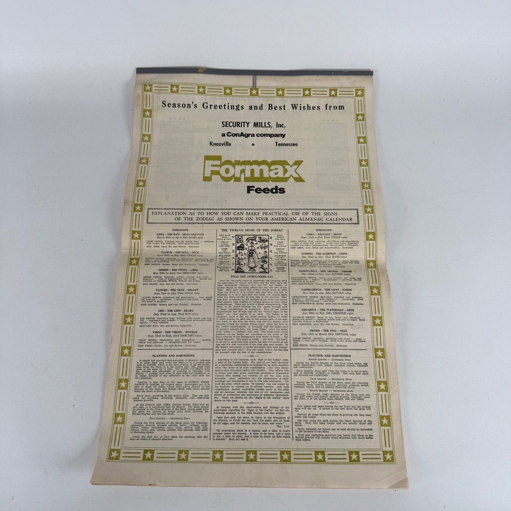 Vintage 1974 Formax Feeds Security Mills Knoxville TN Almanac Wall Calendar